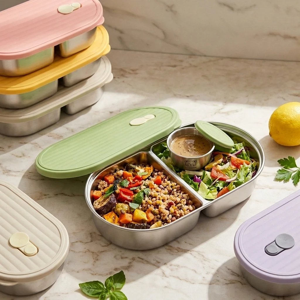 Portable Reusable Divided Lunch Box For Students 304 Stainless Steel Fruit Salad Food Container Sealed Bento Box With Sauce Box