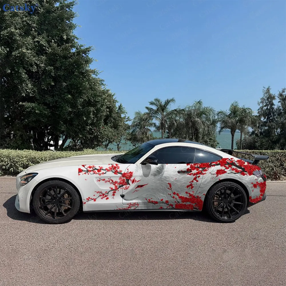 2pcs Winter Plum Branch Wolf Car Side Wraps, Self-Adhesive PVC Waterproof & Scratch-Resistant Stickers, Car Accessory Gift