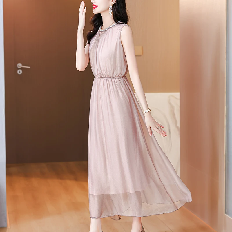 2024 Summer New Silk Sleeveless Dress Women\'s Satin Solid Color Paste Diamond Mulberry Silk Waist and Knee length Long Dress