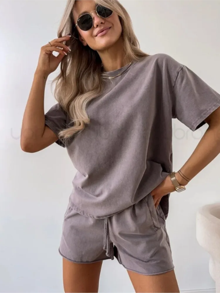 

2025 Summer Casual Sports Style Pocket 2 Piece Sets Women Fashion Loose O-neck Short Sleeved Pullover Lace Up Short Pants Set