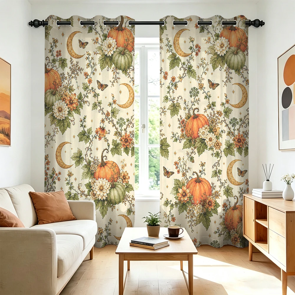 2PCS Vintage Pumpkin Floral Crescent Moon Printed Grommet Curtains Double Sided Privacy Window Drapes For Living Room Bedroom