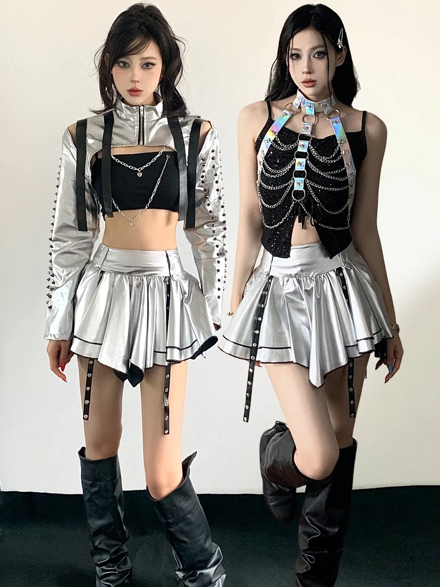 Silver Shiny Motorcycle Jacket Jazz Dance American Style Outerwear Cool Set with Silver Pants for Women 20-50 Years Old