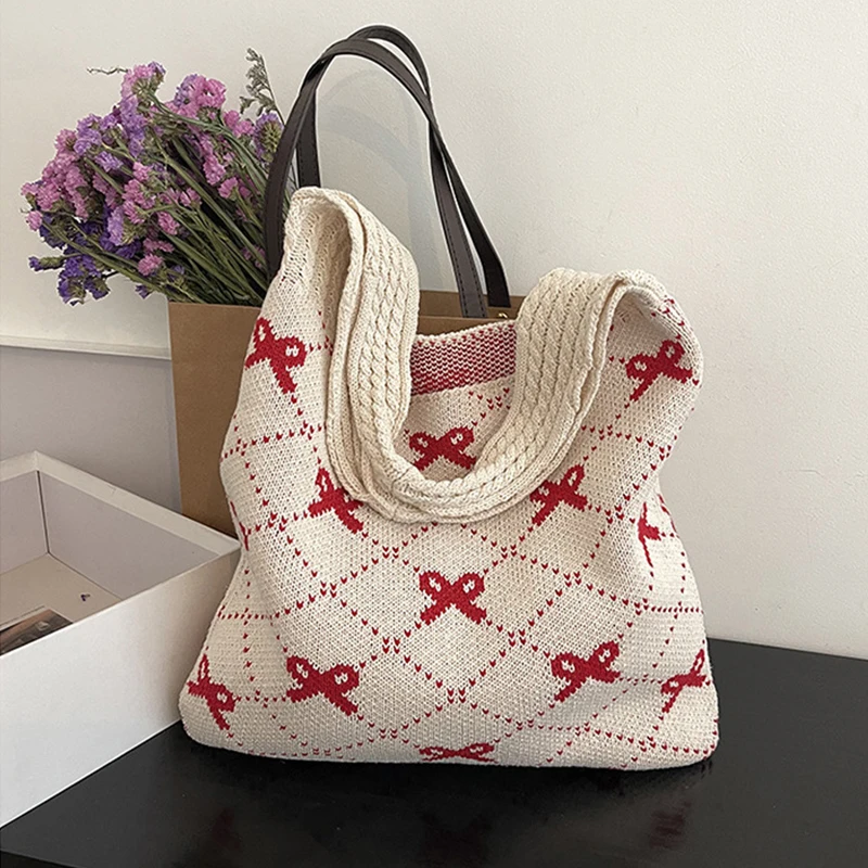 Designer Beach Shoulder Bag Women Crochet Tote Bag Large Capacity Bow Pattern Knitted Shopping Bag Traveling Handbag