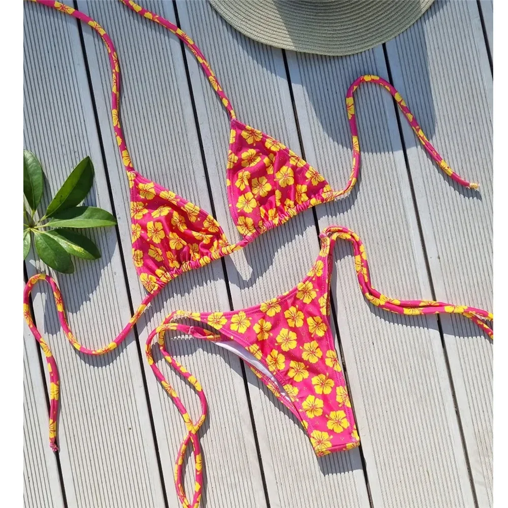 

Micro Bikinis 2025 Sexy Swimsuit Women Swimwear Halter Bikini Set Print Biquini Bathing Suit Patchwork Beachwear Female