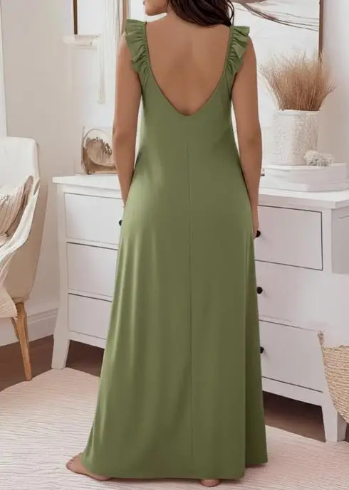 

Womens Dresses 2026 New Spring Fashion Print U-Neck Ruffles Straps Maxi Dress Pocket Design Casual Backless Loose Fit Long Dress