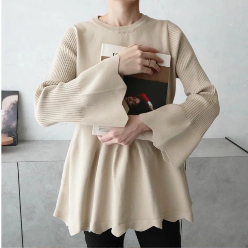 KUSAHIKI New Flared Sleeve Elastic Knitted Causal Ruffle Edge Women\'s Sweater Fashion Autumn Winter Pullover Knitwear Top