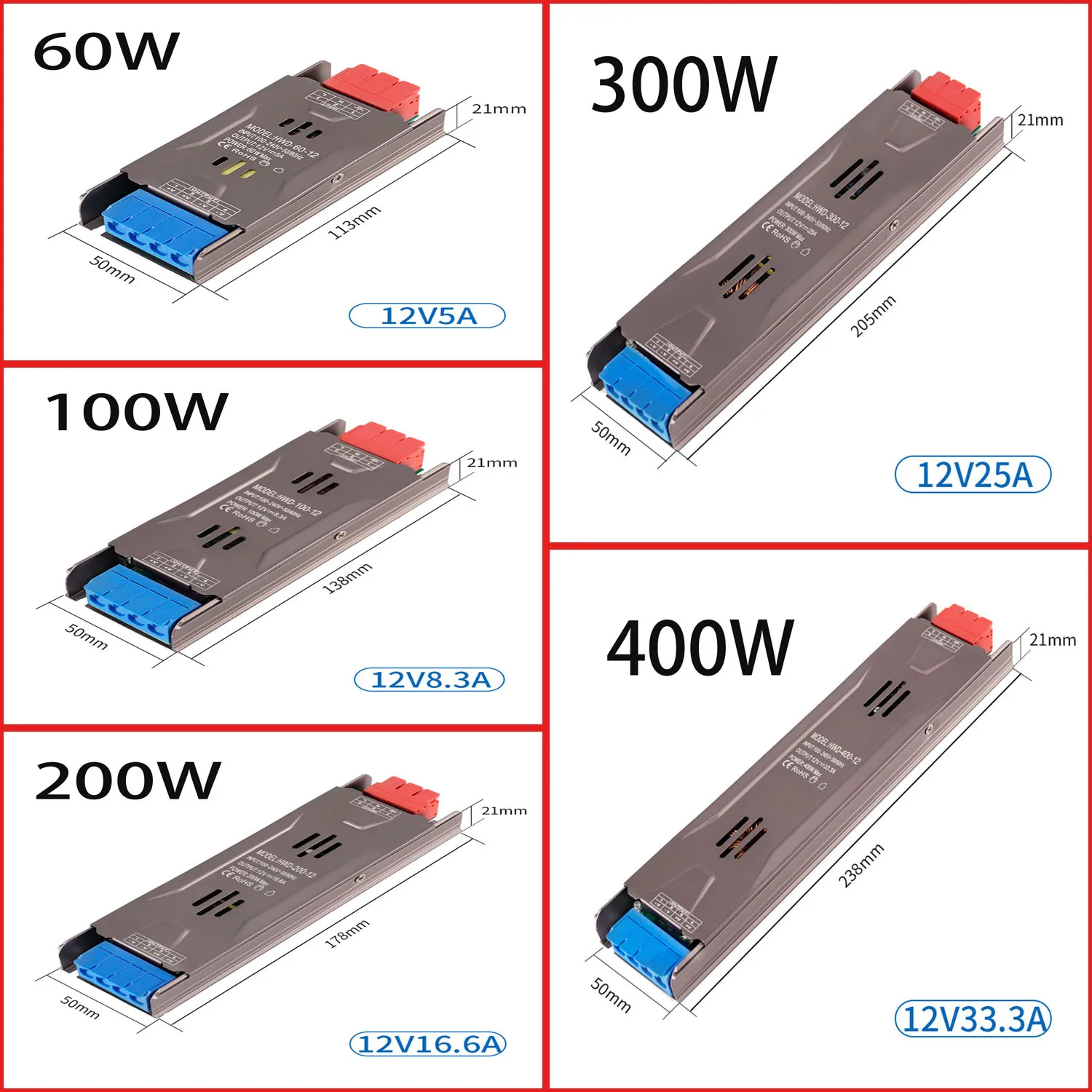 LED ultra-thin power supply AC190V 240V to DC12V 24V 60W 100W 200W 300W 4000 transformer adapter driver FCOB WS2815 light strip