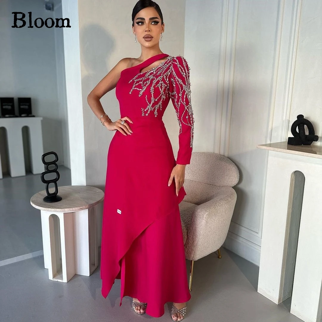 Bloom-vestido de fiesta de manga larga para mujer, traje de noche con un hombro descubierto, con abalorios, para boda, 2024