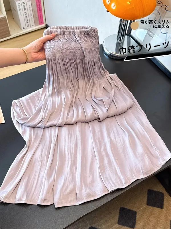 Women's A-Line Midi Skirt Drawstring Drapey Style Korean Version High Waist Slimming Summer Fashion Soft Comfortable Polyester