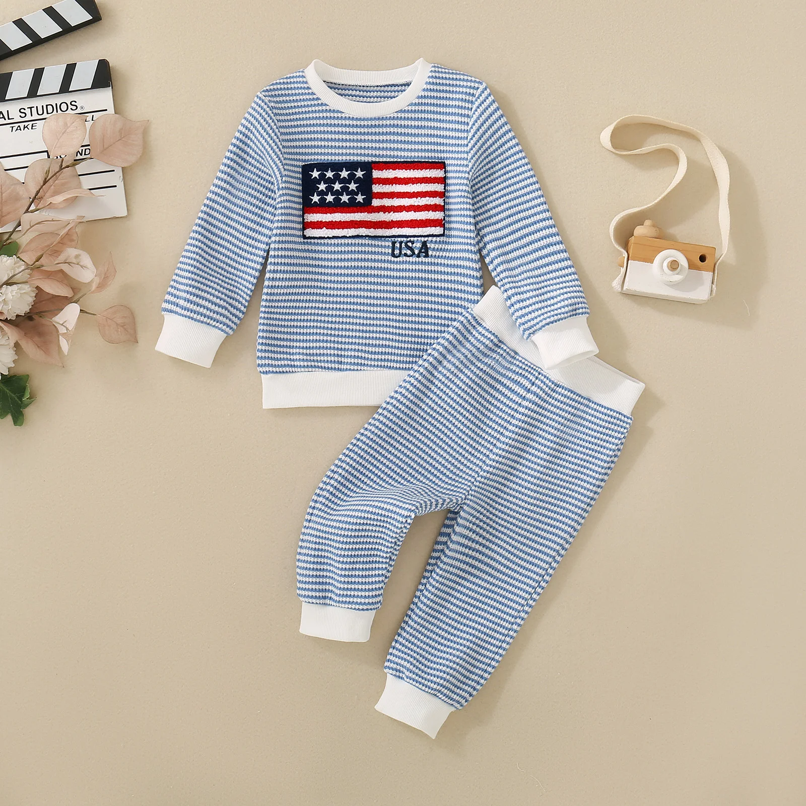 Summer gender-neutral baby sky blue flag embroidered long-sleeved striped T-shirt top and shorts two-piece set