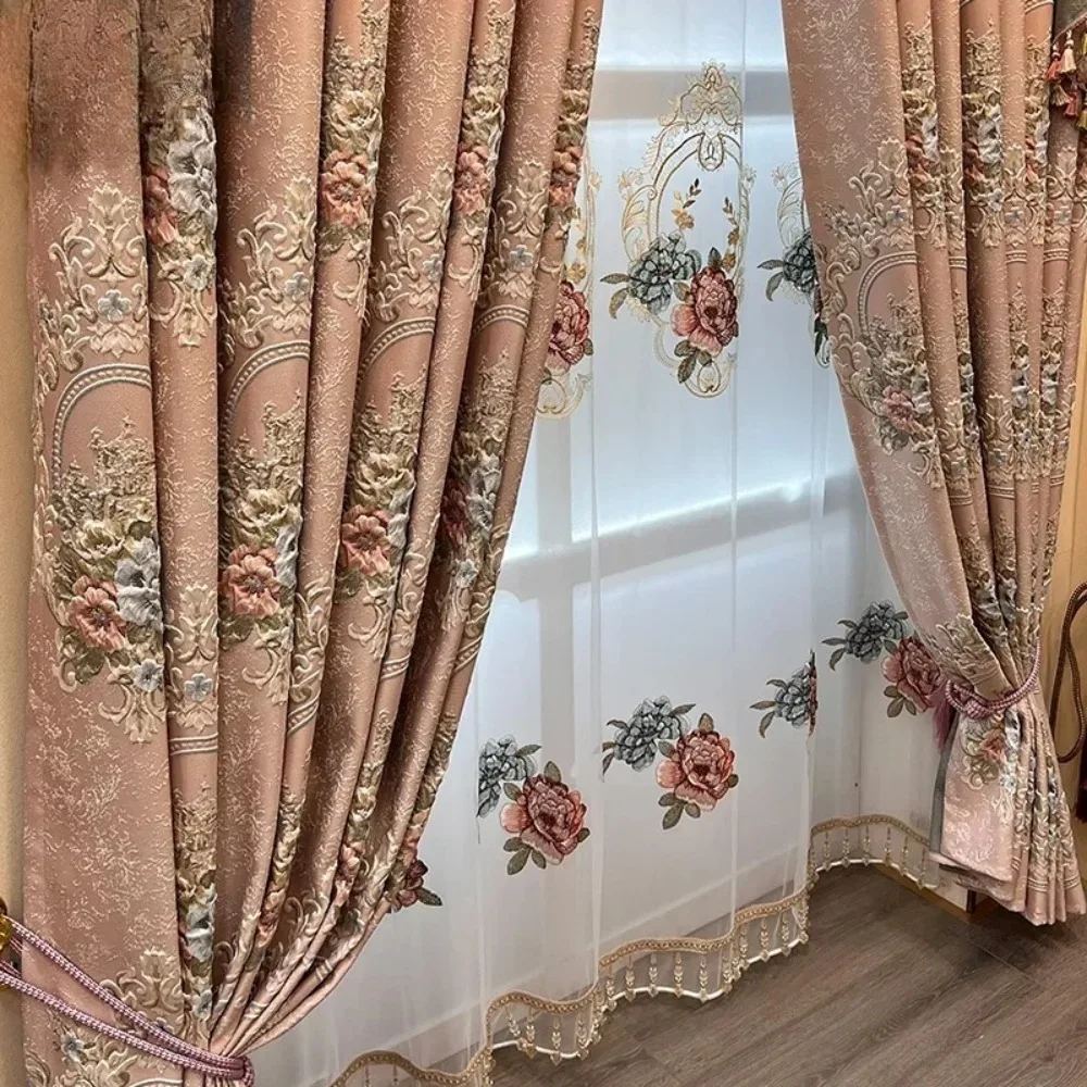 French Pink Embossed Thick Blackout Curtain European High-end Window Curtains For Living Room Bedroom Dining Luxury Drapes Decor