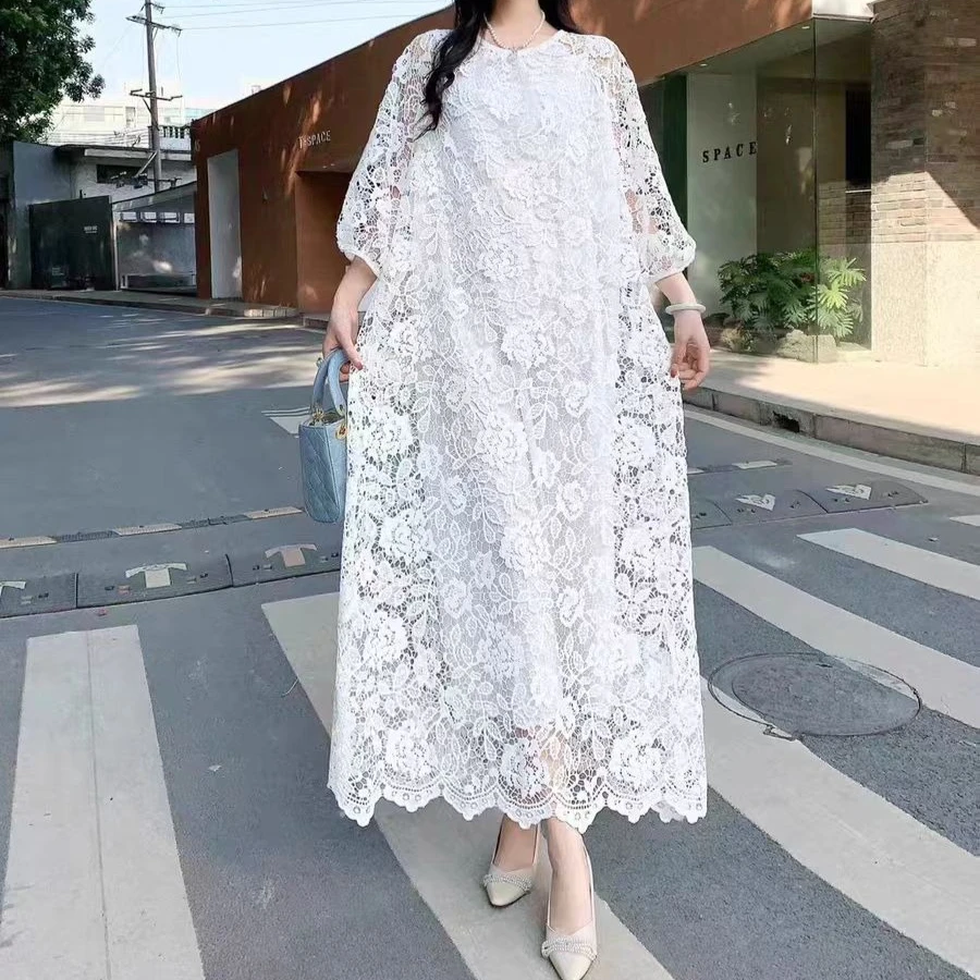 

Dress Women Long Dresses Lace Floral A Line Vestidos Hollowed Out Round Neck White Maxi Elegant Splice Y2k Party Night 2025