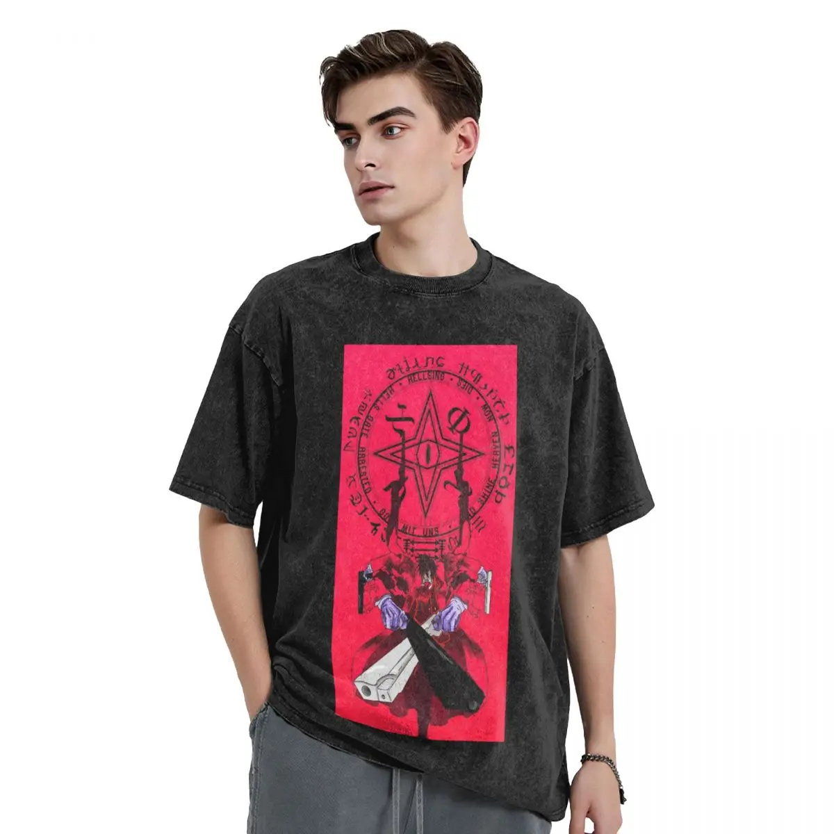 

Alucard Hellsing Manga Washed T Shirts Printed Short Sleeve Hip Hop T-Shirt Streetwear Tops Tees for Men Women