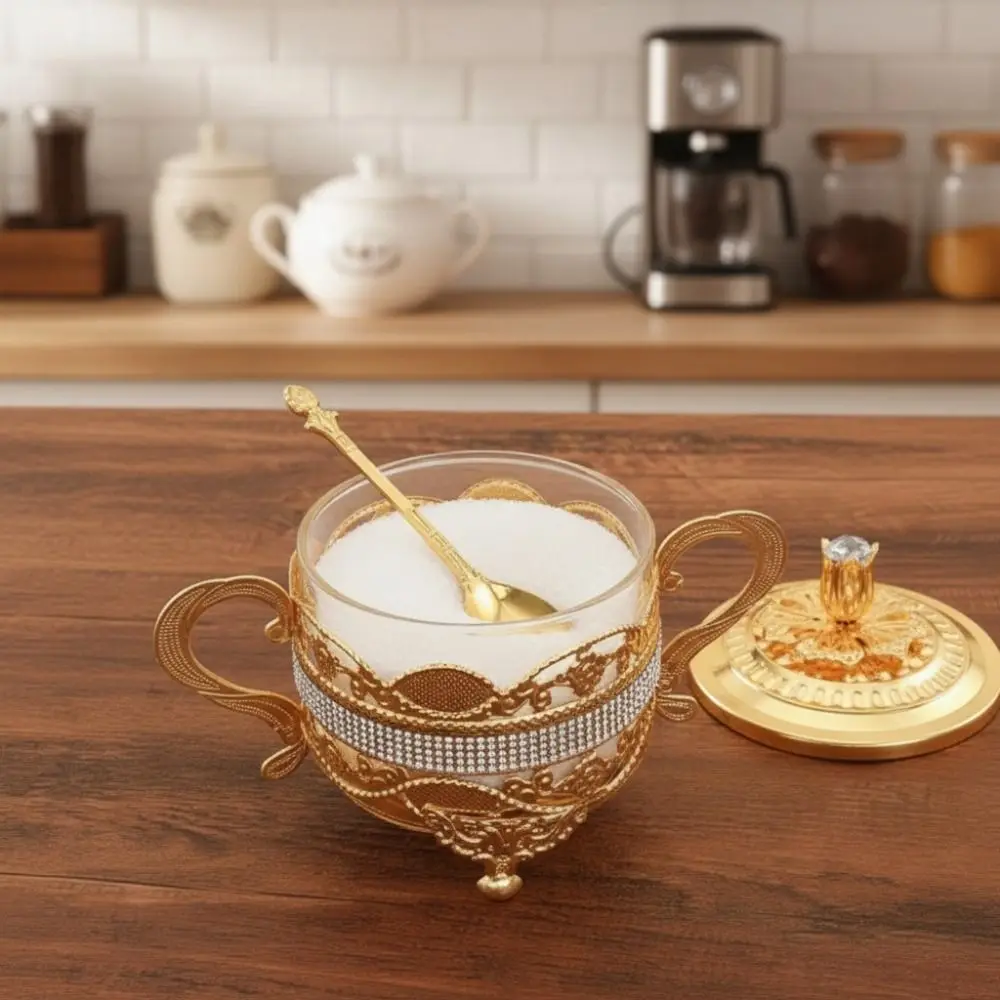 

Decorative Glass European Royal Style Sugar Bowl Vintage Gold Spice Jar with Spoon Condiment Storage Pot Afternoon Tea