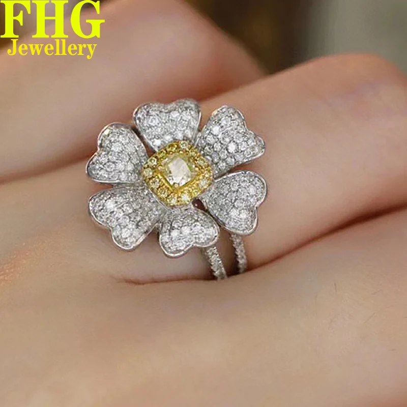 

18K White Gold Natural Yellow Diamond 0.88CT Sunflower Halo Women's Ring Birthday Party Gift Fine Jewelry wedding Engagement