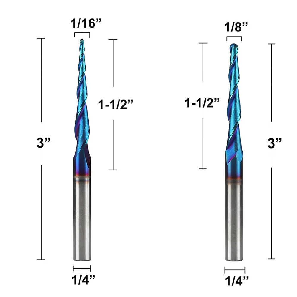 Nano Blue Coated Upcut 2 Flute Tapered Ball End Router Bit, Spiral 3D Engraving Cutter for CNC Woodworking Processing
