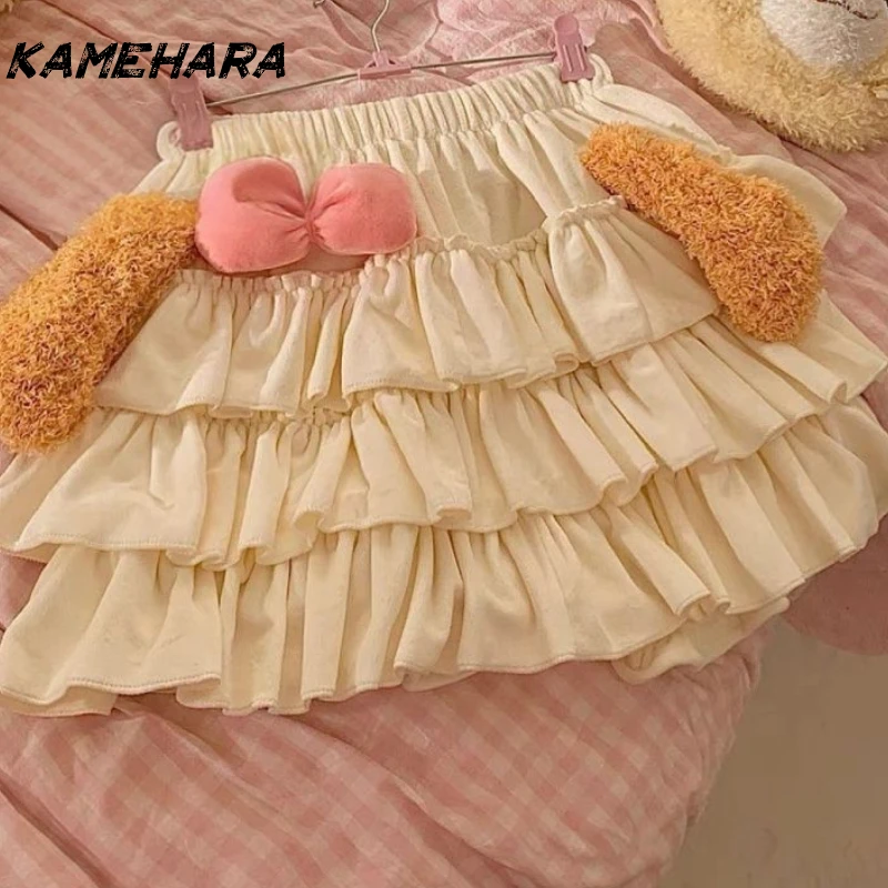 

KAMEHARA милая юбка-торт в стиле Лолиты, женская милая мультяшная плюшевая мини-юбка с кроличьими ушками, Harajuku, японская короткая юбка Y2k, весна