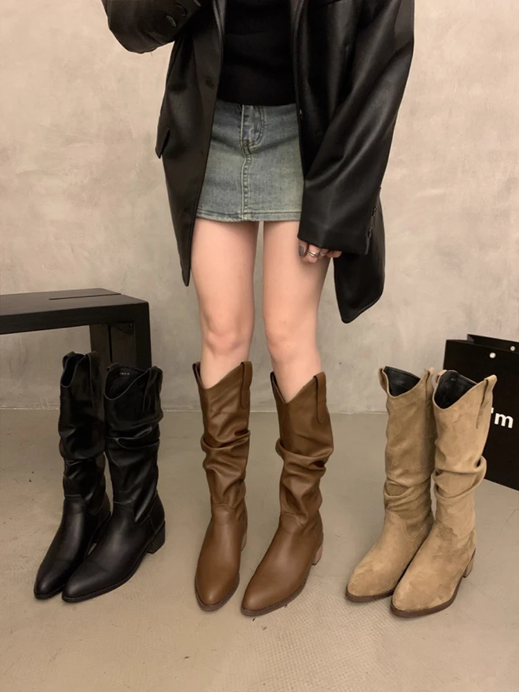 

Корейские длинные женские сапоги в стиле вестерн, тонкие высокие сапоги на высоком каблуке, весенне-осенний сезон, модные рыцарские сапоги