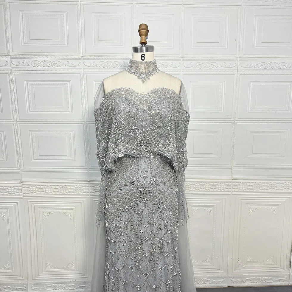 فستان سهرة حورية البحر مطرز بالخرز من دبي للنساء 2025 أنيق برقبة عالية وأكمام طويلة للنساء فستان حفلات الزفاف حسب الطلب #6