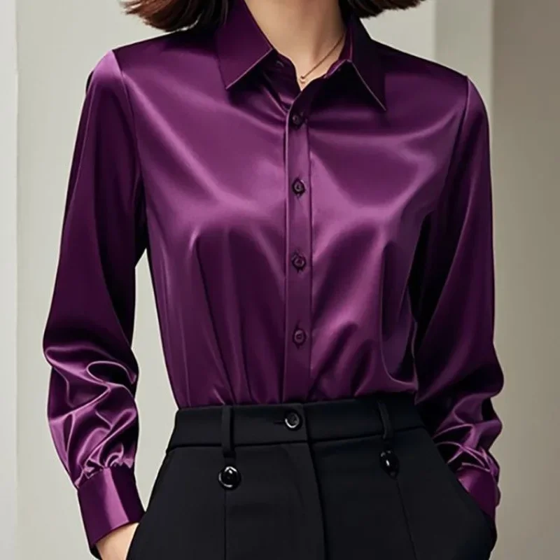 

2025 Summer Women's Satin Shirts Elegant Plain Long Sleeve Blouse Office Lady Button-Up Shirt Top Female Shirts Blouse Autumn