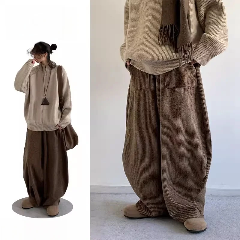 

Ретро-брюки в стиле рабочей одежды, повседневные, унисекс, широкие, на шнурке, длинные, из вельвета, теплые, на шнурке, широкие штанины, зимние, свободного кроя