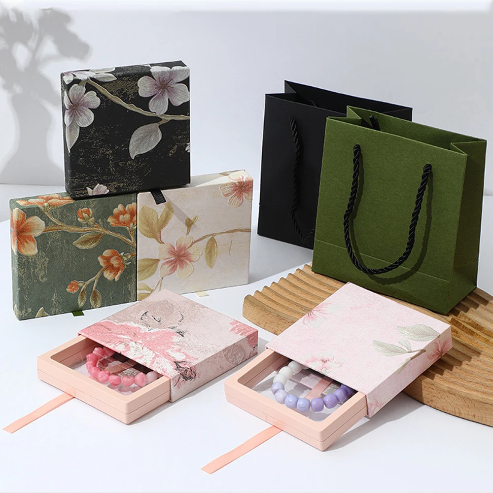 

10Pcs Vintage Square Floral Carton Jewelry Packaging Box for Bracelets Crystal Earrings Keychina Transparent PE Film Organizer