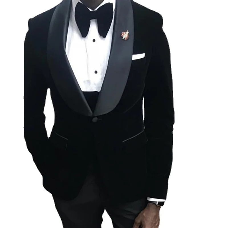 

Black Velvet Wedding Tuxedo For Groomsmen Slim Fit African Men Suits Custom 3 Piece Male Fashion Jacket Waistcoat with Pants