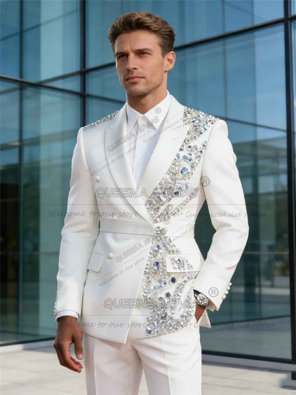 Brilliant Beaded Stones Suits Men For Wedding Unique Design Double Breasted Jacket Pants 2 Piece Set Groom Formal Party Tuxedos