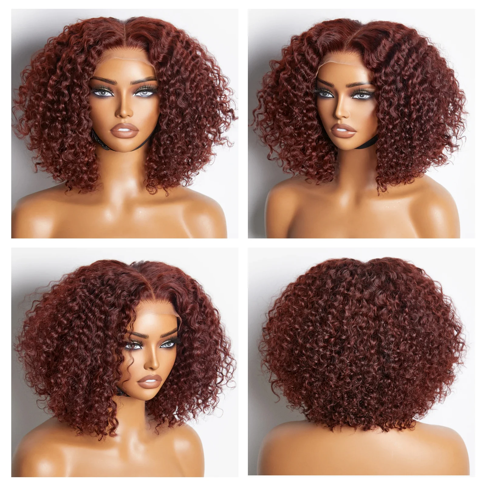 Peluca Bob rizada marrón de 10 y 12 pulgadas, onda profunda, corta, 5x5, encaje frontal, color 200 de densidad, marrón rojizo, Bob brasileño prearrancado