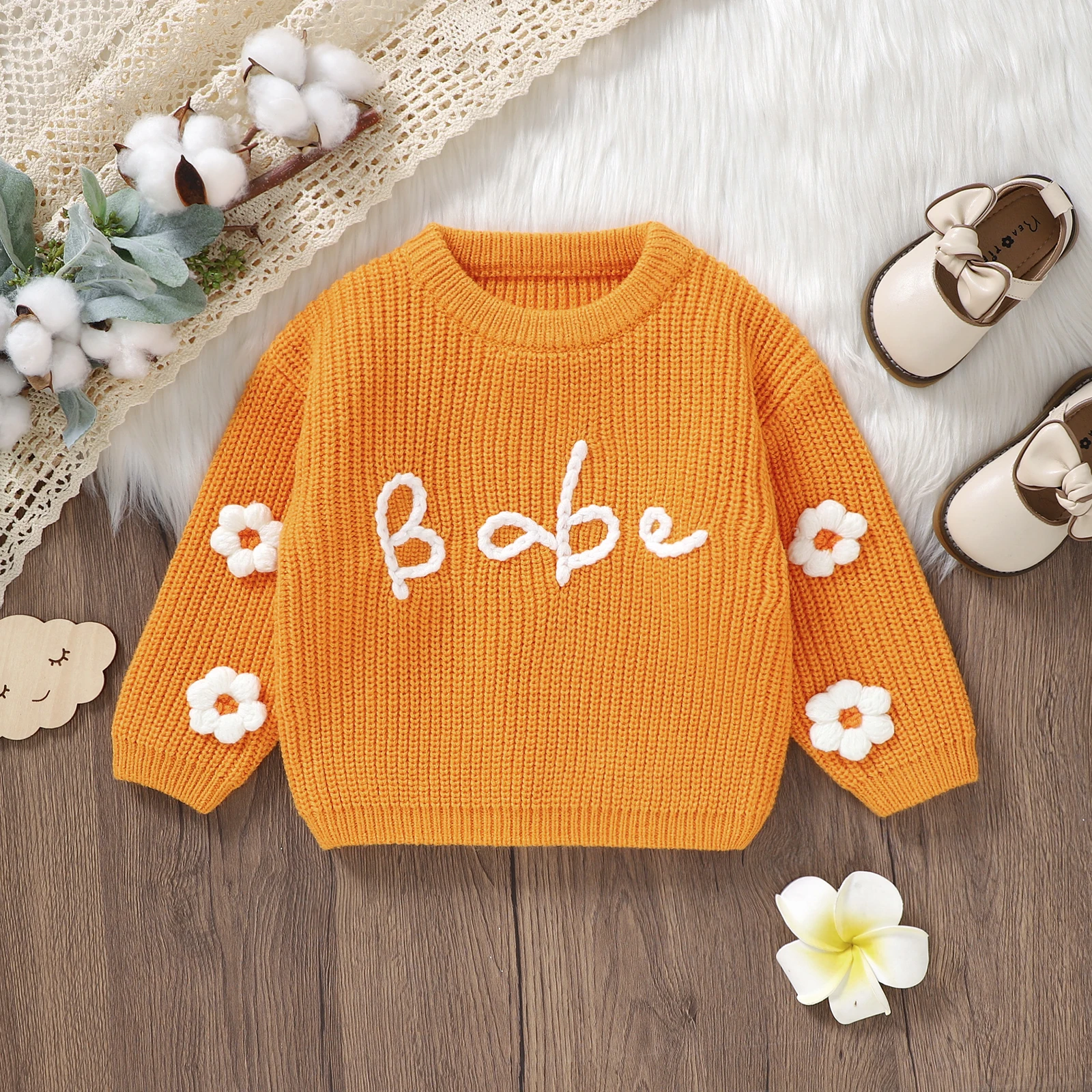 Newborn Baby Sweater for Girls Knitted Clothes Winter Warm Casual Floral Embroidery Jumper Long Sleeves Pullover Infant Knitwear