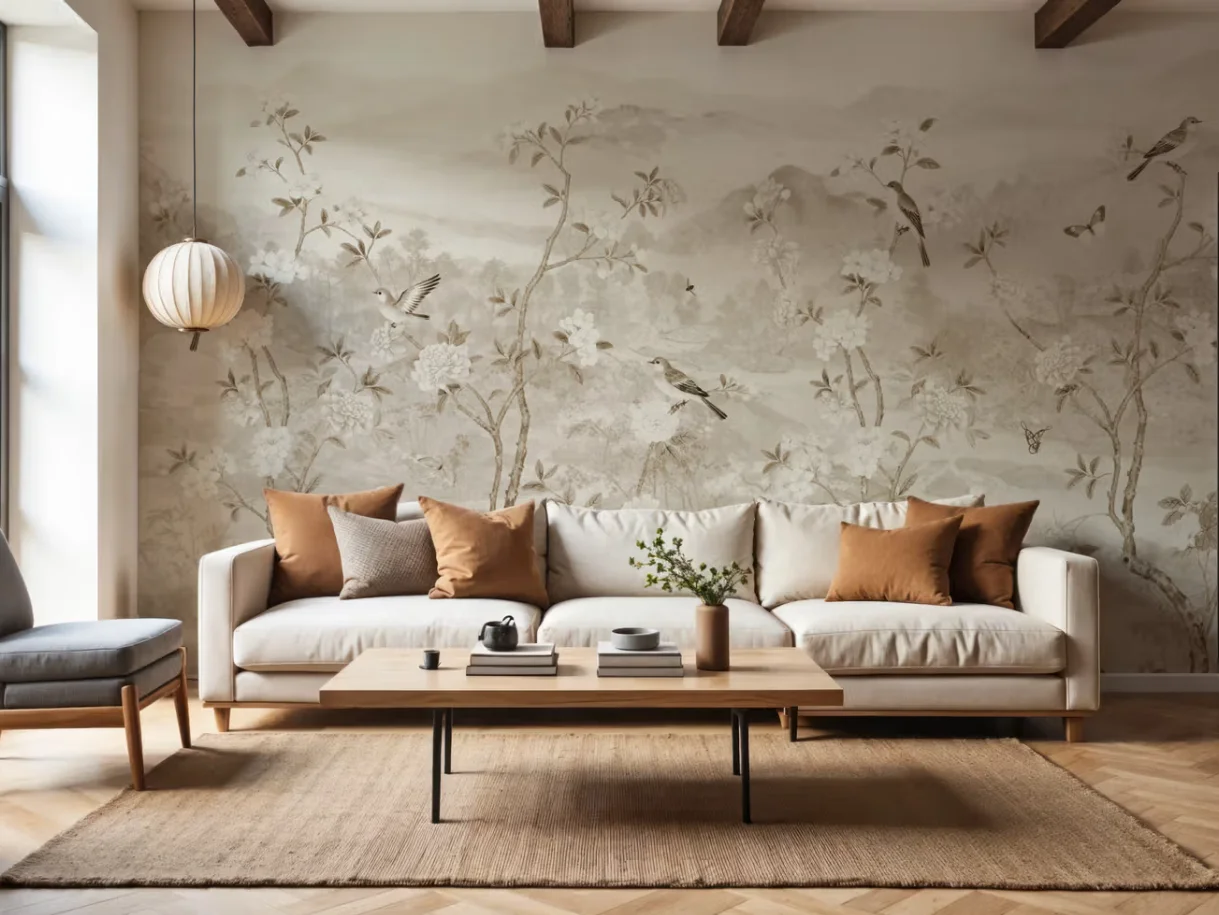 Customized Mural Vintage Flower, Bird, Branch Wallpaper Home Decoration Warm Color Beige Hand drawn Art Flower Pattern murals
