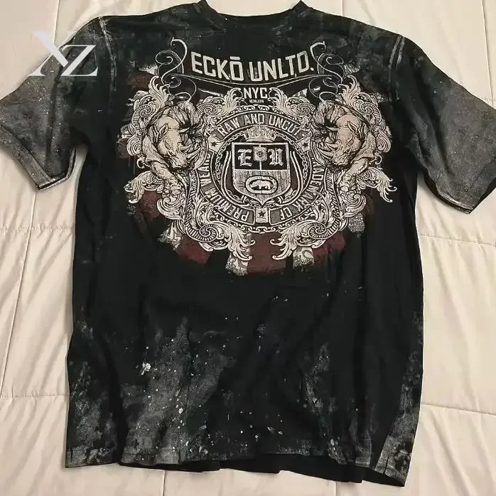 New Ecko Exclusive Artistic Metal Rhino Graphic Print Washed Cotton T Shirt Mens Oversized Streetwear Urban Fashion Comfort