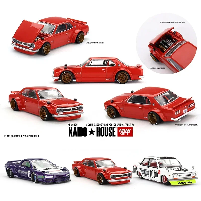 MINIGT KHMG 175 متوفر في المخزون 1:64 Skyline 2000 GTR KPGC10 Street V1 غطاء محرك السيارة القابل للفتح دييكاست نموذج سيارة Kaido House