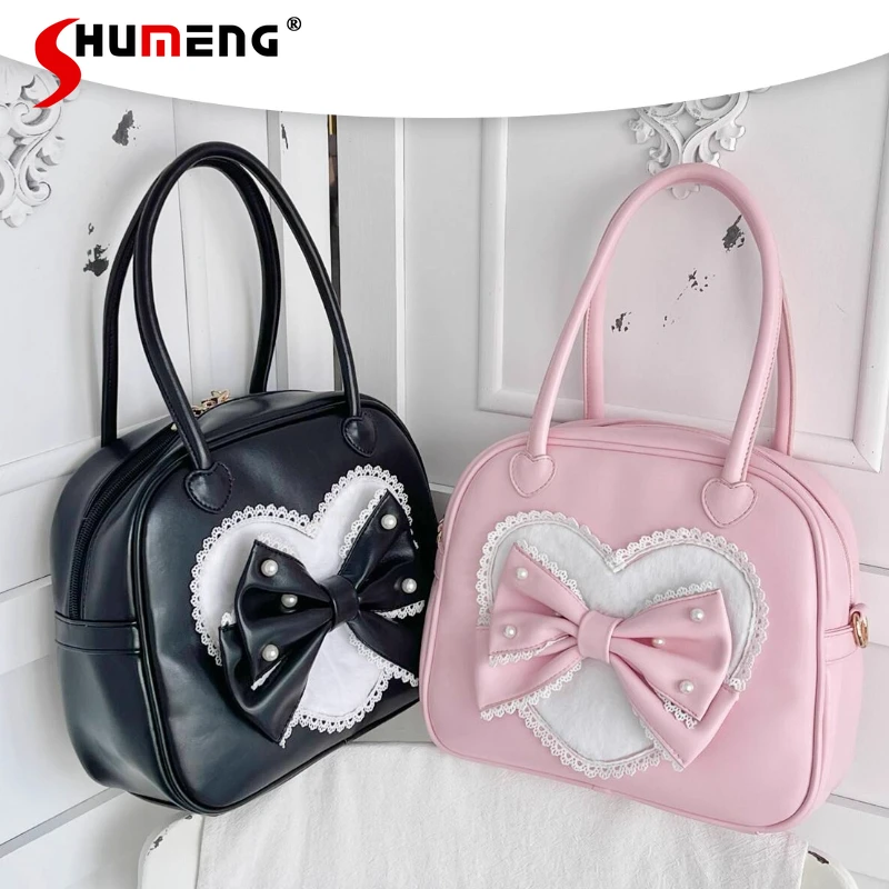 

2025 New Original Lolita Girls Handbag Lady Sweet Cute Bow Lace Elegant Kawaii Versatile Princess Y2k Makeup Bag for Women