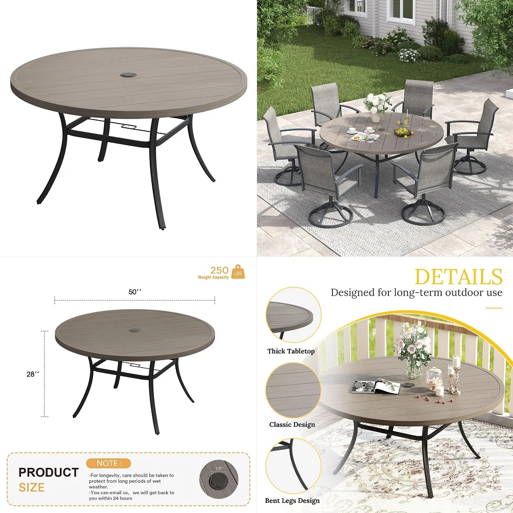 

50 Outdoor Round Patio Table with Umbrella Hole, All Weather Metal Round Outdoor Dining Table for Lawn Garden, 68 Person Table,