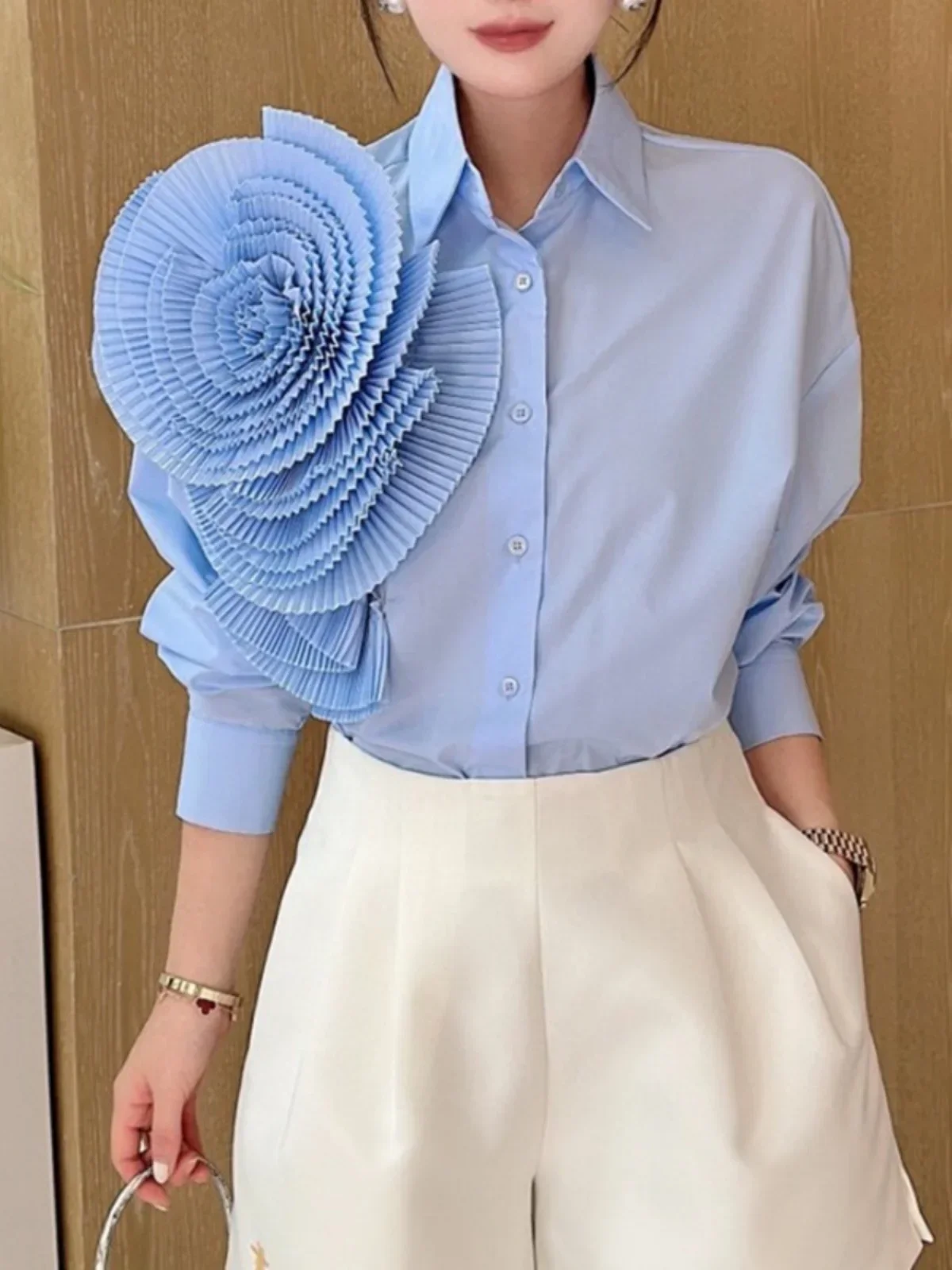 Neploe Chic Pleated Flower Shirt Femme 2024 Early Spring Korean Simple Versatile Sweet Casual Mid Length Lapel Collar Blouses