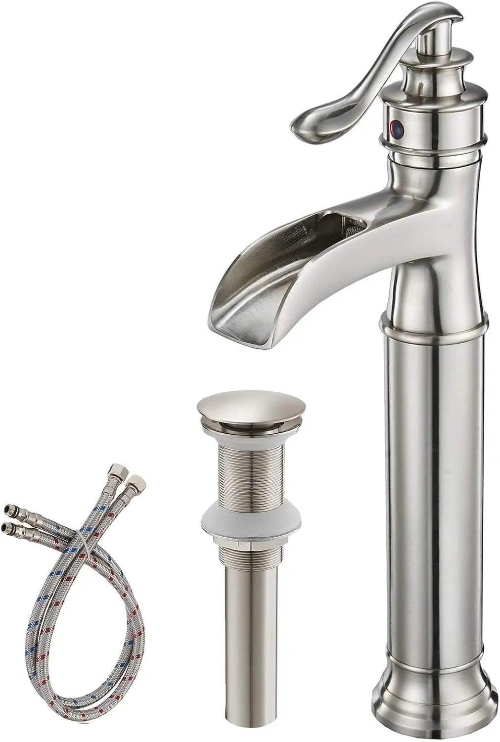 

Brushed Nickel Single Handle Tall Waterfall Vessel Sink Faucet with Pop Up Drain Assembly and Supply Line