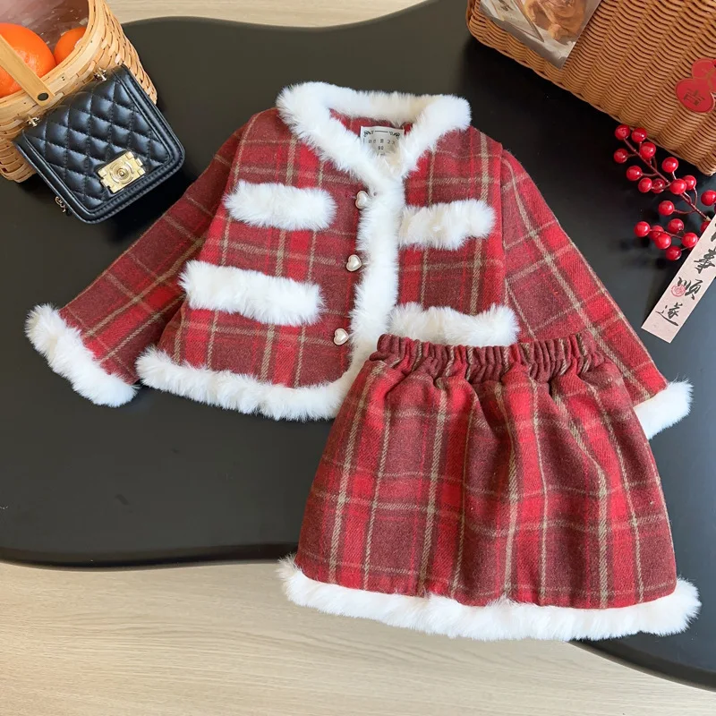 

Girls Thick Clothes Sets Autumn Winter 2025 Children Woolen Coats Skirts 2pcs Dress Suit For Baby Warm Outfits Kids Cute Costume