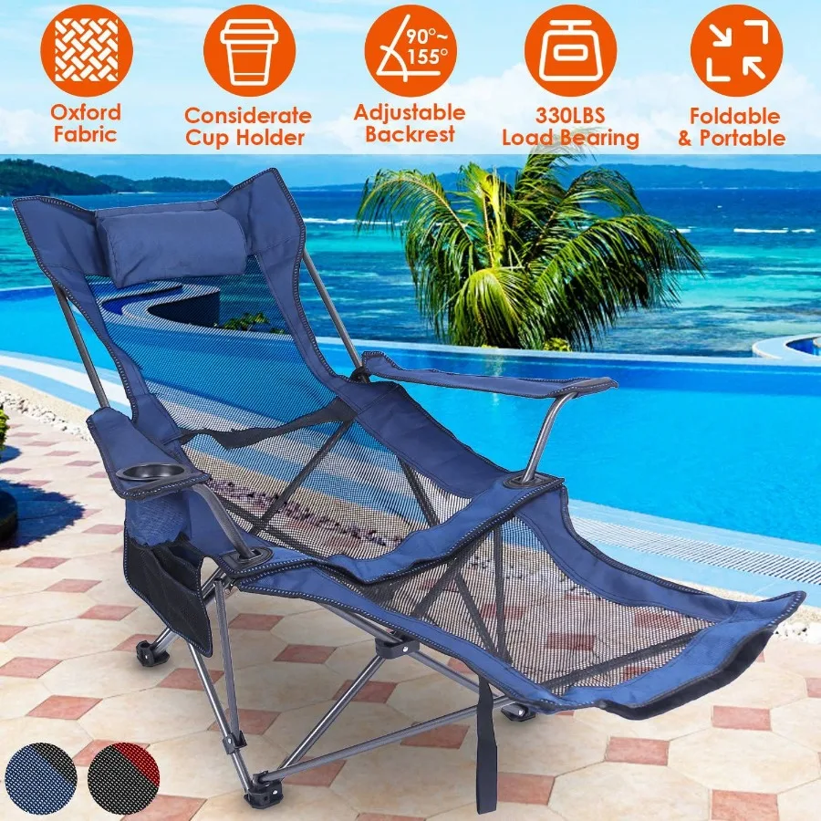 

Foldable Camping Chair 330LBS Load Heavy Duty Steel Lawn Chair Collapsible Chair with Reclining Backrest Angle Cup Holder Pillo