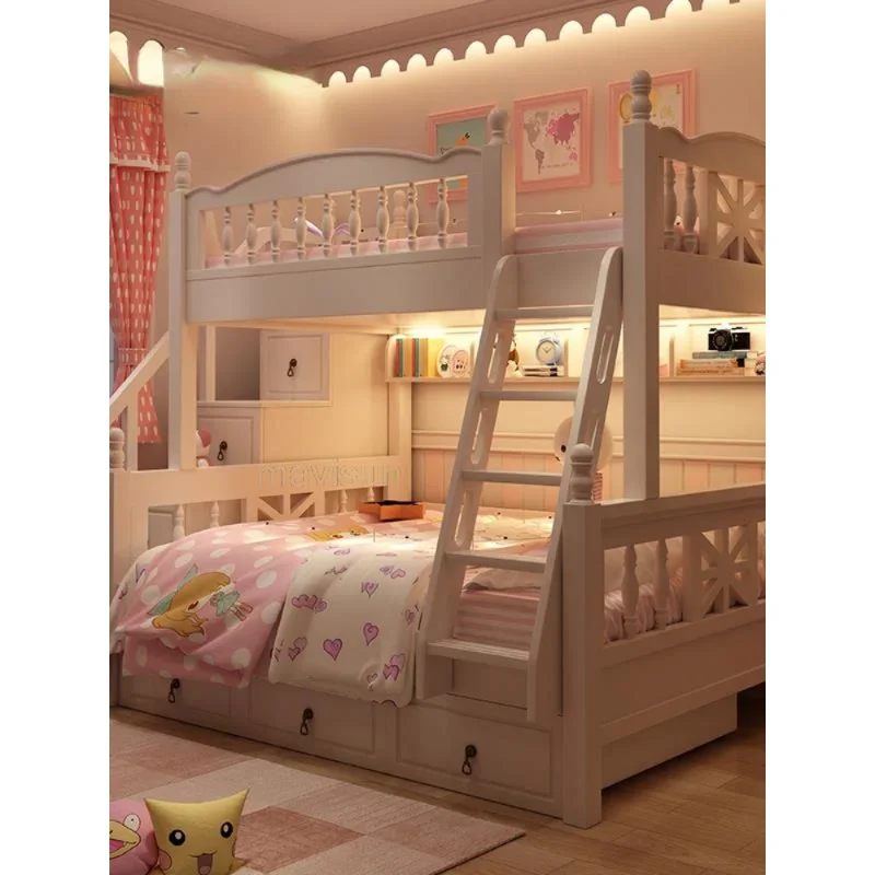 Style Bunk Bed White Modern Minimalist Up Down Bed With Storage For Princess Girls Creative Bedroom Furniture