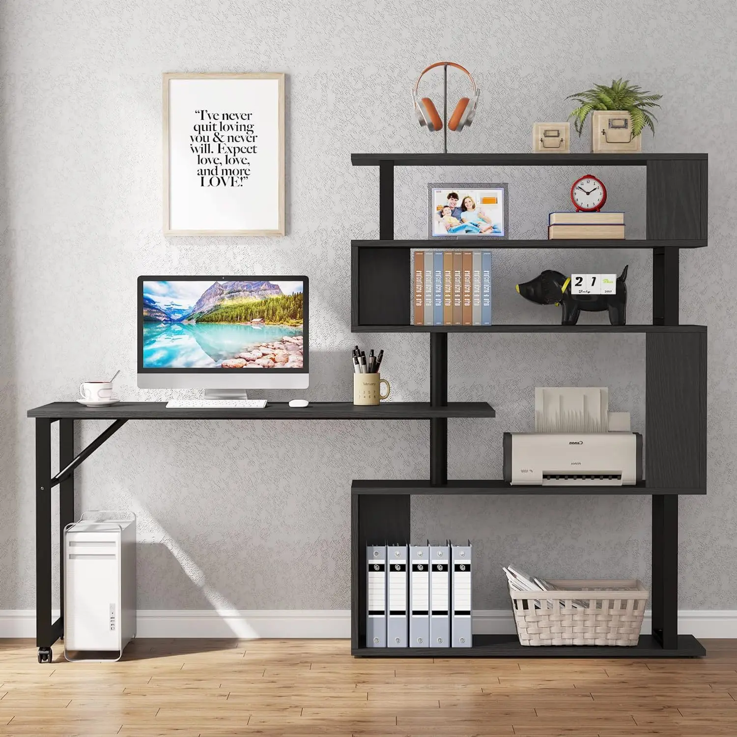 

Office Furniture Rotating Computer Desk with 5 Shelves Modern L-Shaped Corner Desk
