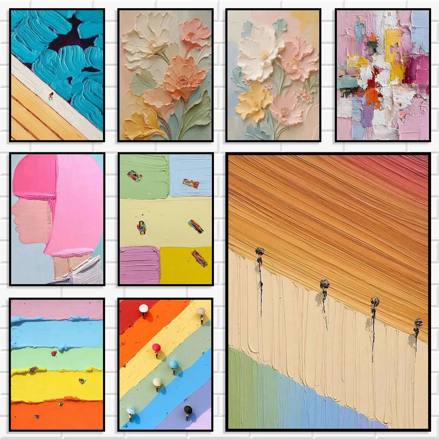 Thick Impasto Textured Canvas Wall Art Set Modern Wabi Sabi Rainbow Soft Tone Wall Decor for Living Room Bedroom Girls Apartment
