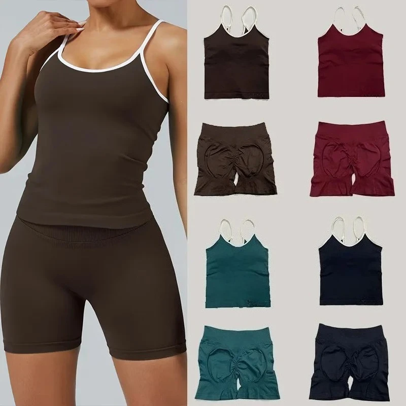 

2 Pieces Sports Suit Women Yoga Elastic Sports Shorts Shock-absorbing Sports Chest Pad Strappy Vest Set Fitness Stretch Gym Set