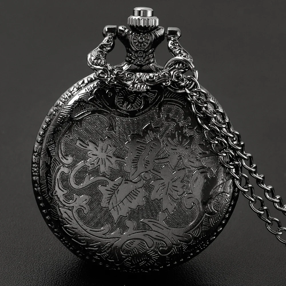 Tree of Life Pattern Sketch Ink Painting Dial Pocket Watch All Black Vintage Necklace Chain Quartz fob Clock reloj