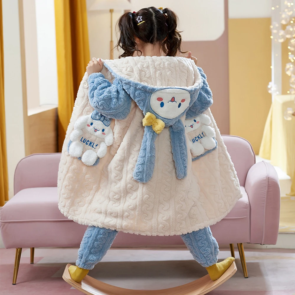 Autumn Winter Children\'s Plush Pajamas Robe Anime Sanrioed Cinnamoroll Melody Kuromi Kawaii Girl Cute Hooded Thicken Home Clothe