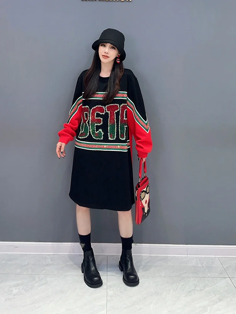 Vefadisa 2025 Spring Autumn New Letter Printed Hoodie Dress O-Neck Long Sleeve Sequin Letter Casual Fashion Dresses ZXY591AF1