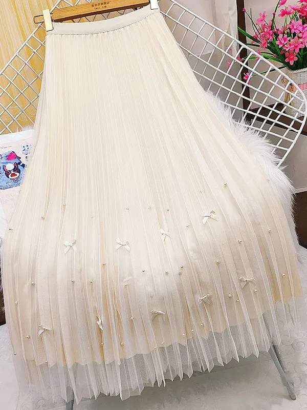 High Waist A-Line Midi Skirt with Beaded Mesh for Women Spring New Style Slimming Pleated Skirts Daily Wear Polyester Fabric