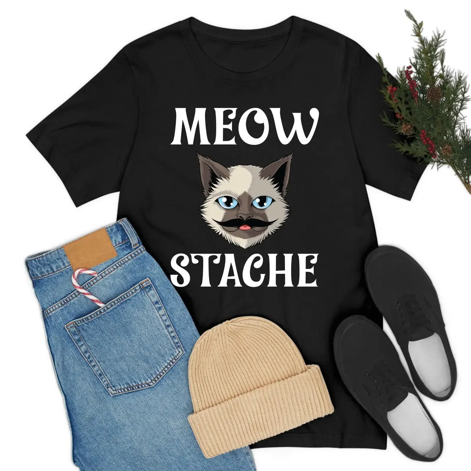 Meowstache Katzen-Schnurrbart T-Shirt für Katzenliebhaber, Vintage-Look, Designer-Kleidung, modisch, dehnbar