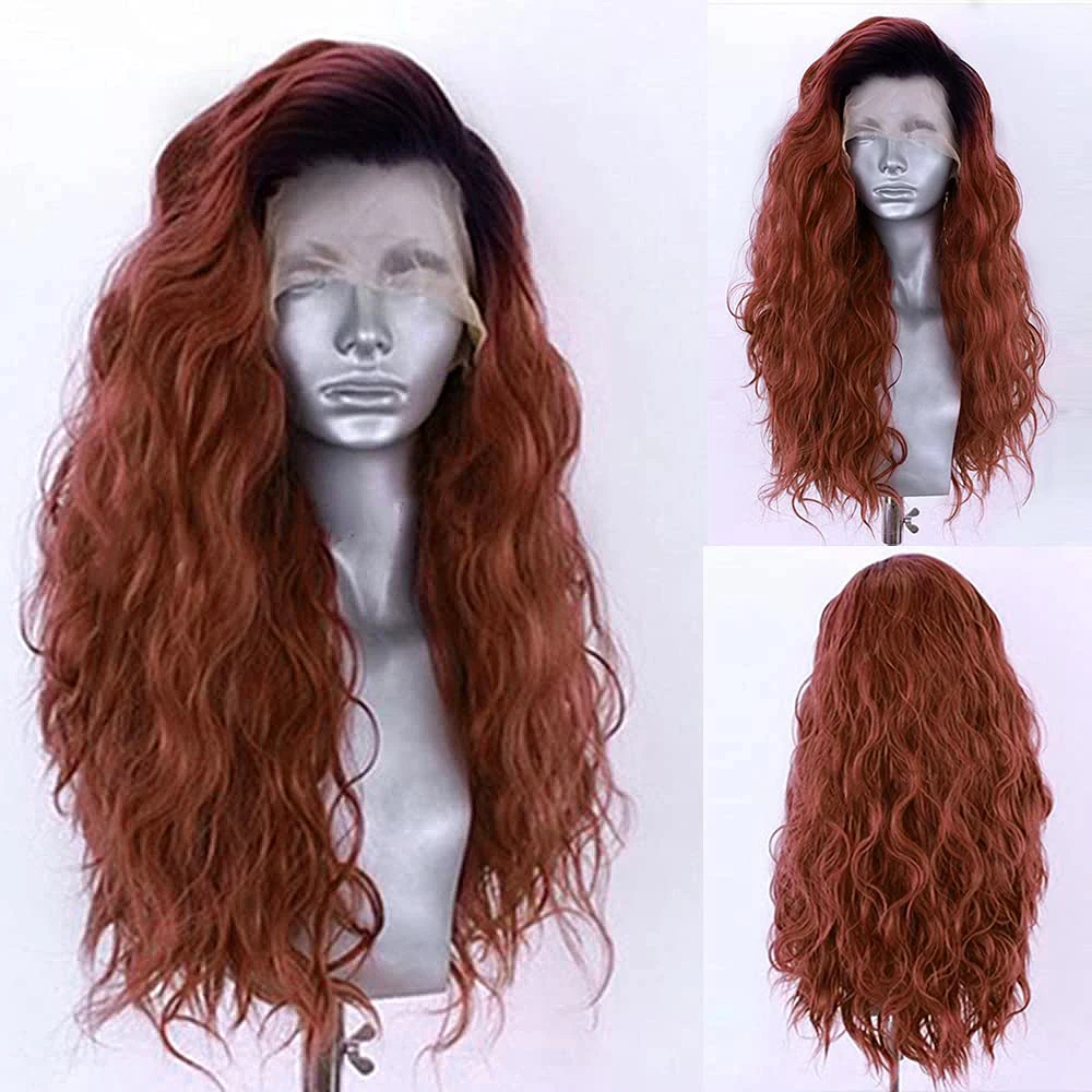 

Ombre Reddish Brown 13X4 Synthetic Lace Front Wigs For Women Black Roots Lace Frontal Wig Pre Plucked Hairline Daily Wear Wigs