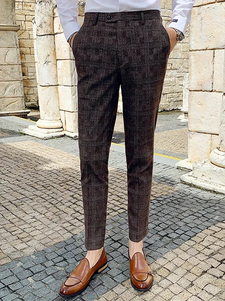 High-end Brand Boutique Fashion Plaid Men's Casual Business Suit Pants Groom Wedding Male Dress Trousers
